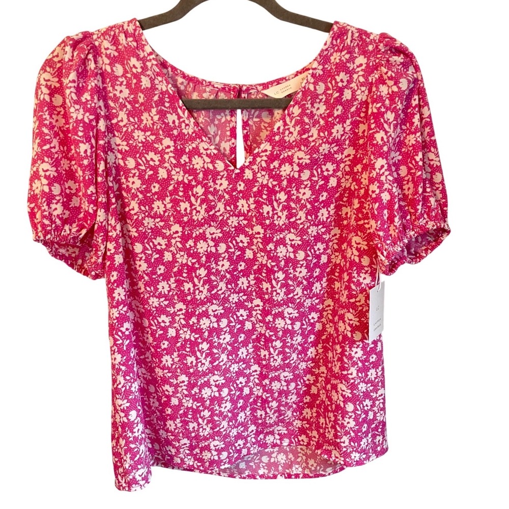 LC Lauren Conrad Pink White Floral Puff Sleeve Keyhole Back Blouse Top NWT